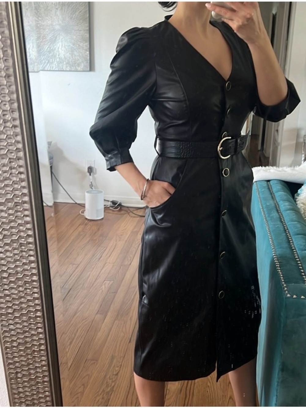 Zara Black Faux Leather Button-Front Midi Dress with Belt - Picture 2 of 8